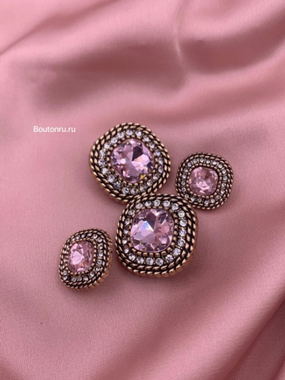 Пуговицы Квадрат золотые розовые со стразами и косичкой