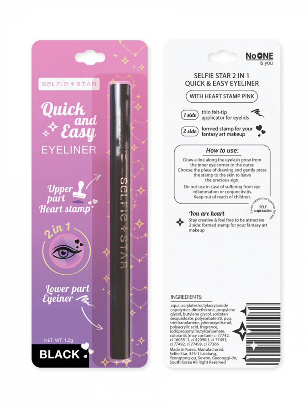 [Selfie star] 2 in 1 Quick & Easy Eyeliner - Подводка для глаз черная со штампом сердце, 1,2 г