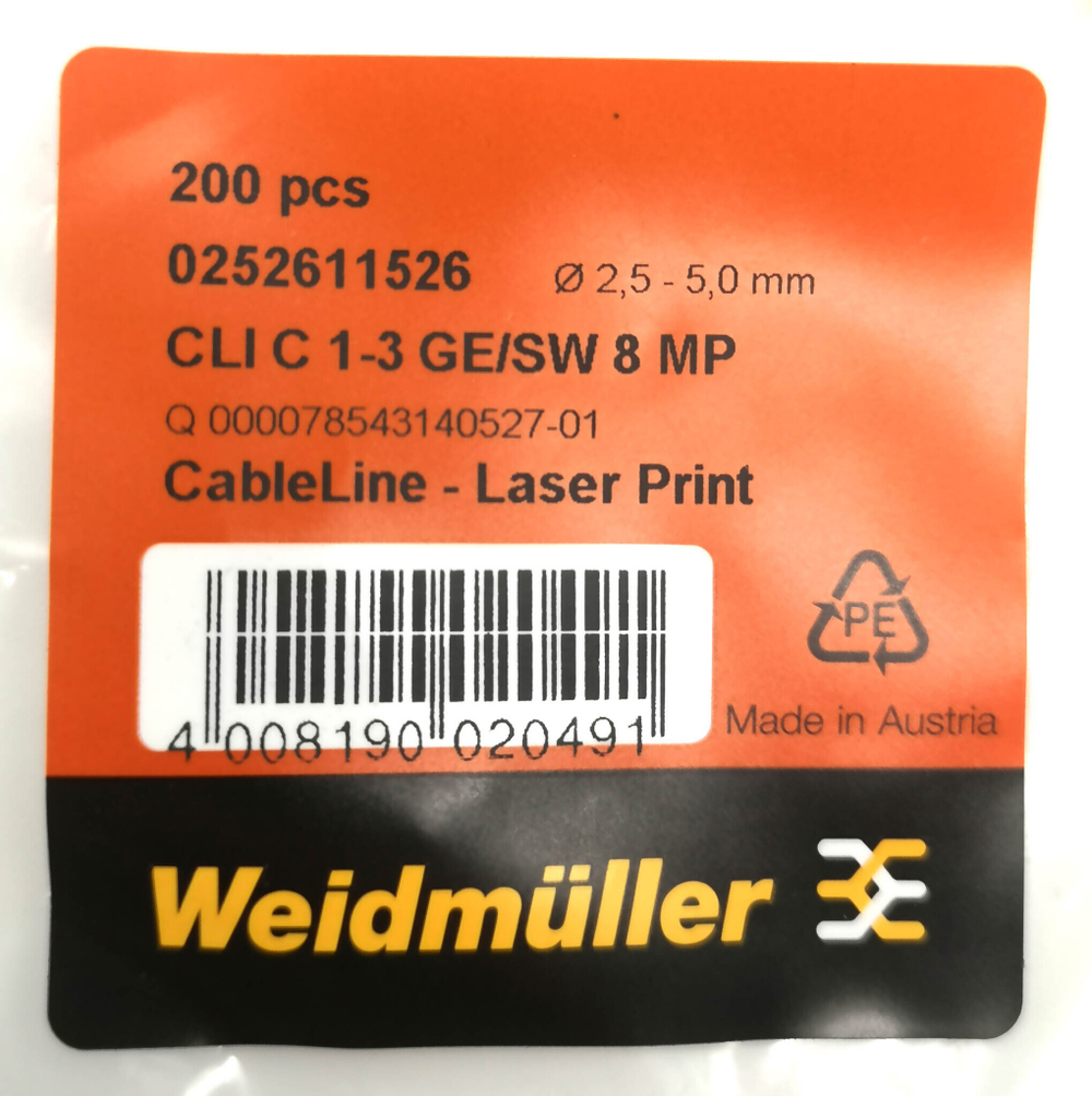 Маркер кабельный сеч.2,5-5мм Weidmuller CLI C 1-3 GE/SW 8 MP 0252611526 РА 1/3 "8" (200шт.)