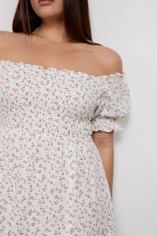 Платье из муслина с открытыми плечами, принт розы