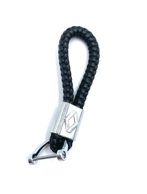 Брелок для ключей кожаный с эмблемой Renault с карабином (кожзам, косичка, черный цвет)