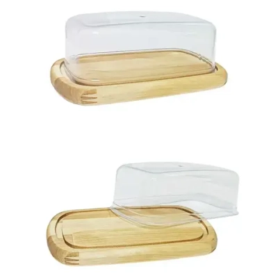 Масленка - сырница деревянная с пластиковой крышкой для слив. масла и сыра, Береза