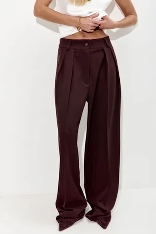 Брюки палаццо свободные с защипами шоколадного цвета