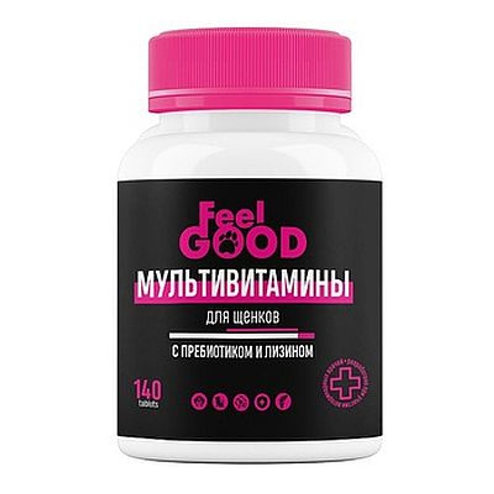 Кормовая добавка для щенков Feel Good Мультивитамины с пребиотиком и лизином, банка 140 таблеток