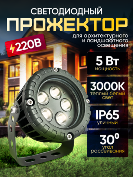 Прожектор для архитектурного и ландшафтного освещения 220V 5W 3000К теплый белый, угол 30 градусов