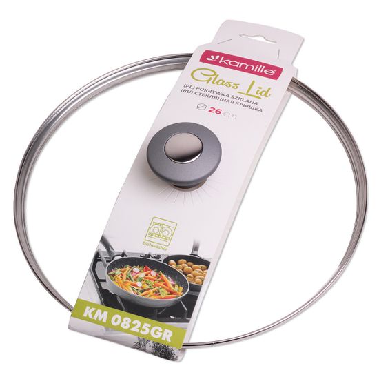 Крышка стеклянная 26 см. универсальная Kamille КМ-0825GR с металлическим ободком