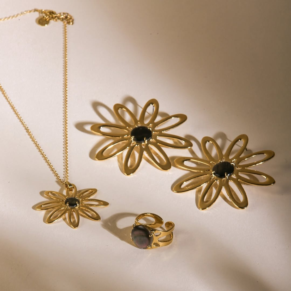 Серьги ORI TAO, Bloom, в форме цветка с черным перламутром, OT25.2-12-32201 (золотистый)