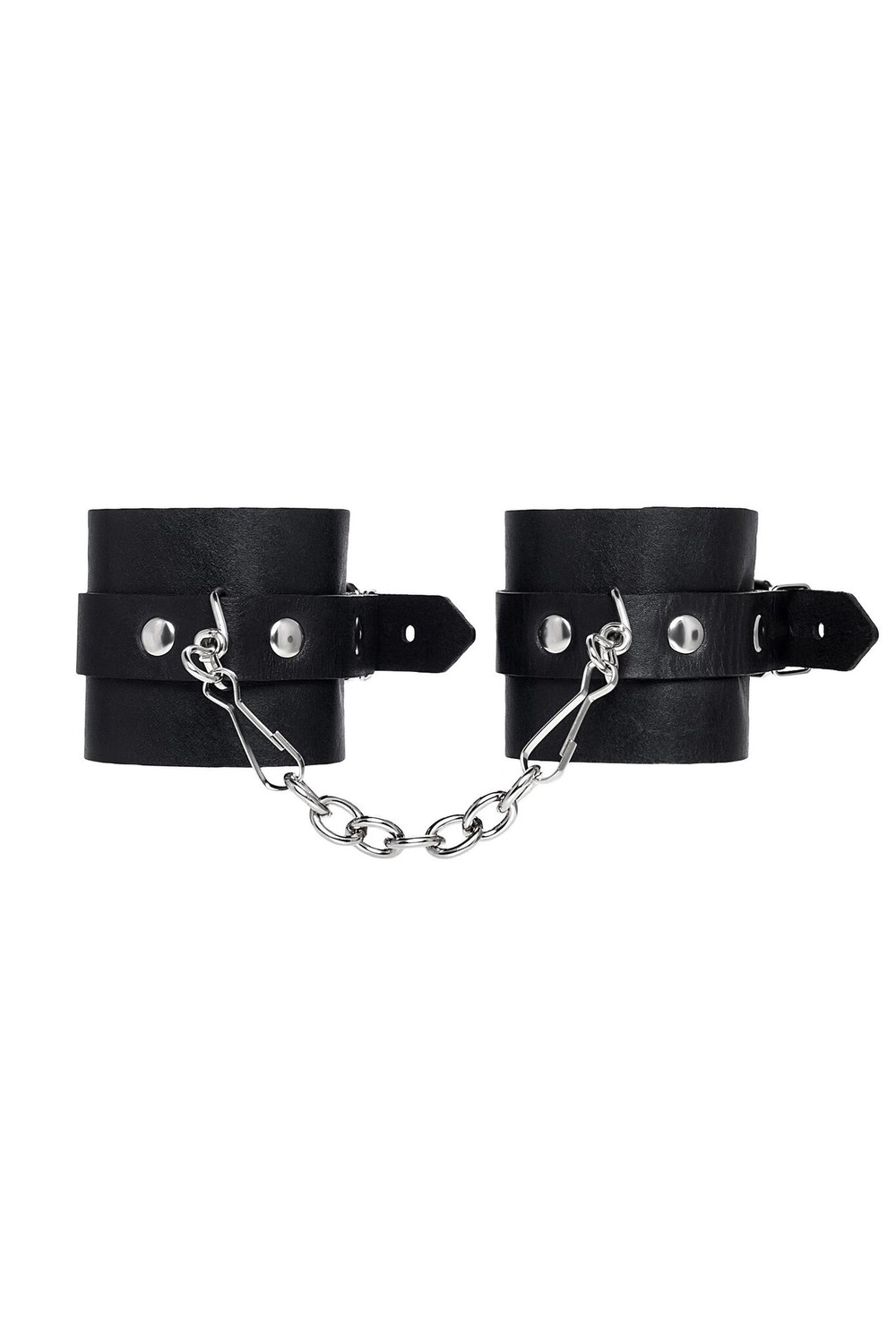 Черные однослойные наручники из натуральной кожи с цепочкой