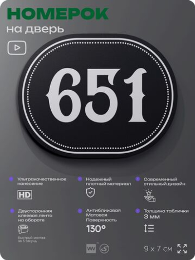 Номерок на дверь квартиры 651, для кабинета, офиса, шильдик 9 х 7 см, черный, Айдентика Технолоджи
