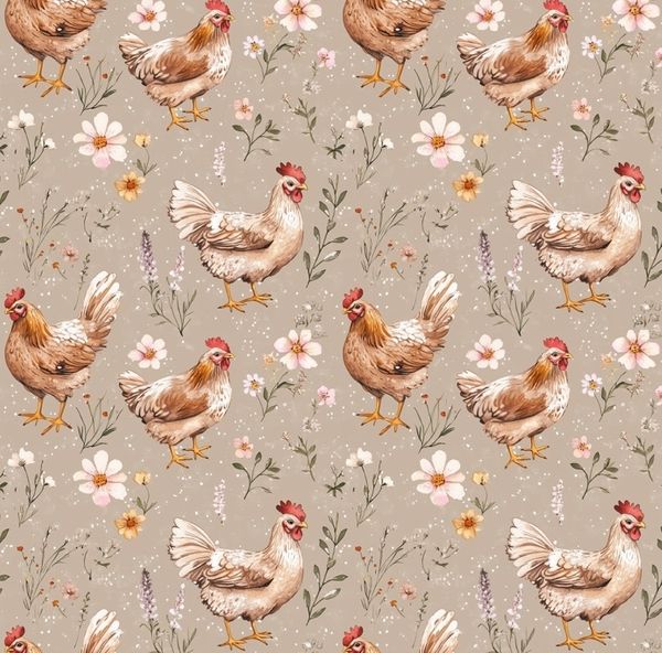 ПРЕДЗАКАЗ, КУРОЧКИ НА СЕРО-БЕЖЕВОМ, 100% хлопок 1