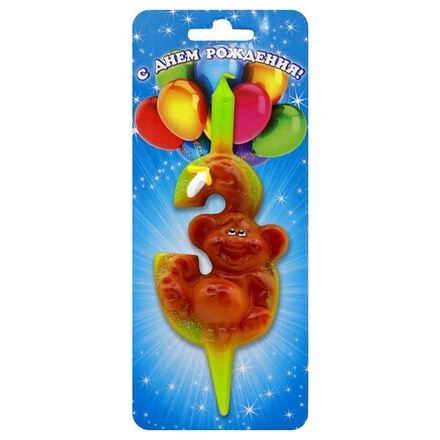 Свеча Цифра, 3 Обезьянка, 9 см, 1 шт.