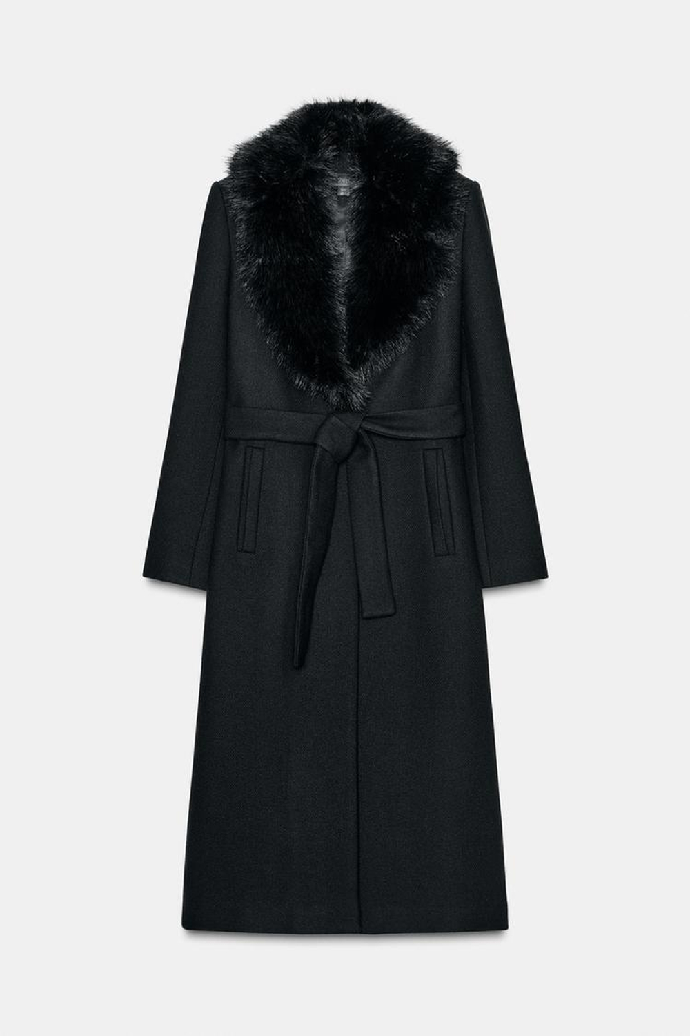 ZARA ПАЛЬТО ИЗ ШЕРСТИ С ЛАЦКАНАМИ ИЗ ИСКУССТВЕННОГО МЕХА И ПОЯСОМ, ЧЕРНЫЙ