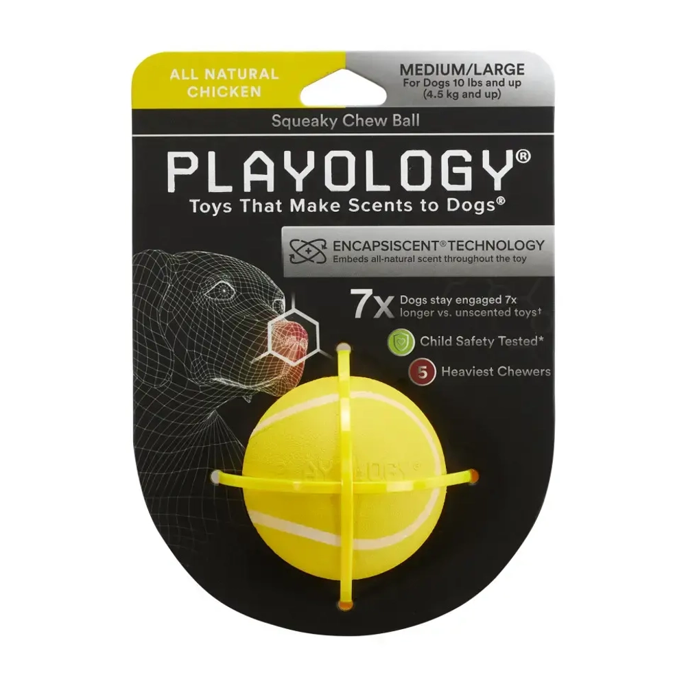 Playology squeaky chew ball хрустящий жевательный мяч для собак с пищалкой и с ароматом курицы, 6 см, желтый