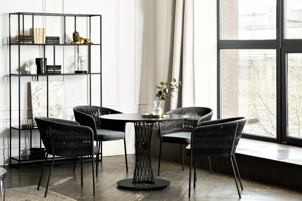 "Диего" обеденная группа на 4 персоны со стульями "Бордо" плетения колос, столешница "серый гранит"