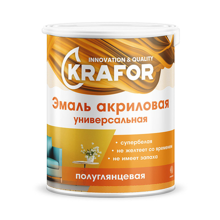 Эмаль универсальная Krafor, акриловая, полуглянцевая, 1 кг, супербелая