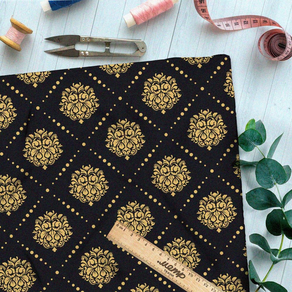 Ткань оксфорд 600 золотой симметричный узор на чёрном фоне