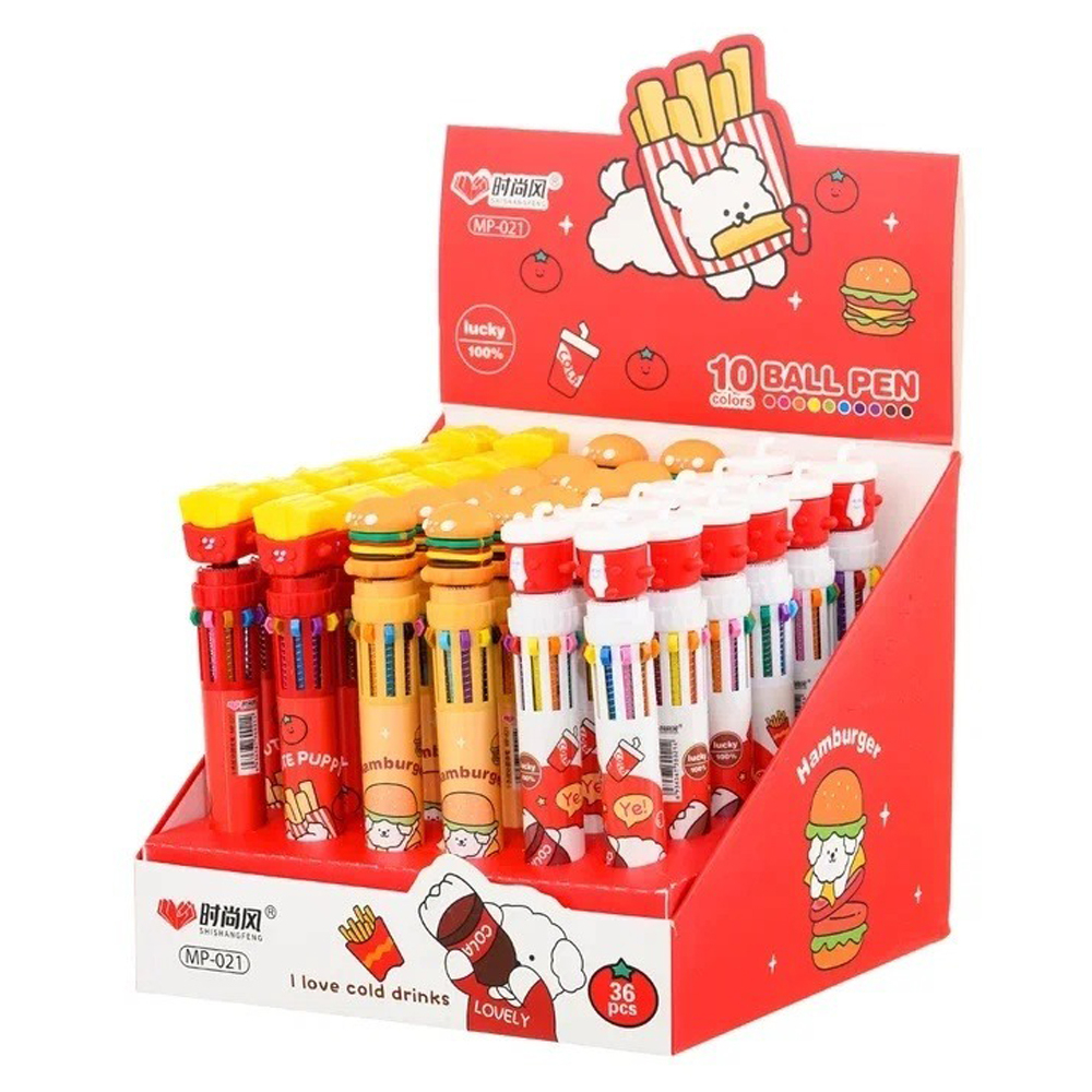 Ручка шариковая, автоматическая, 10в1, Basir, серия "Фаст-Фуд", 10-ти цветная, с резиновой фигуркой, 36 шт
