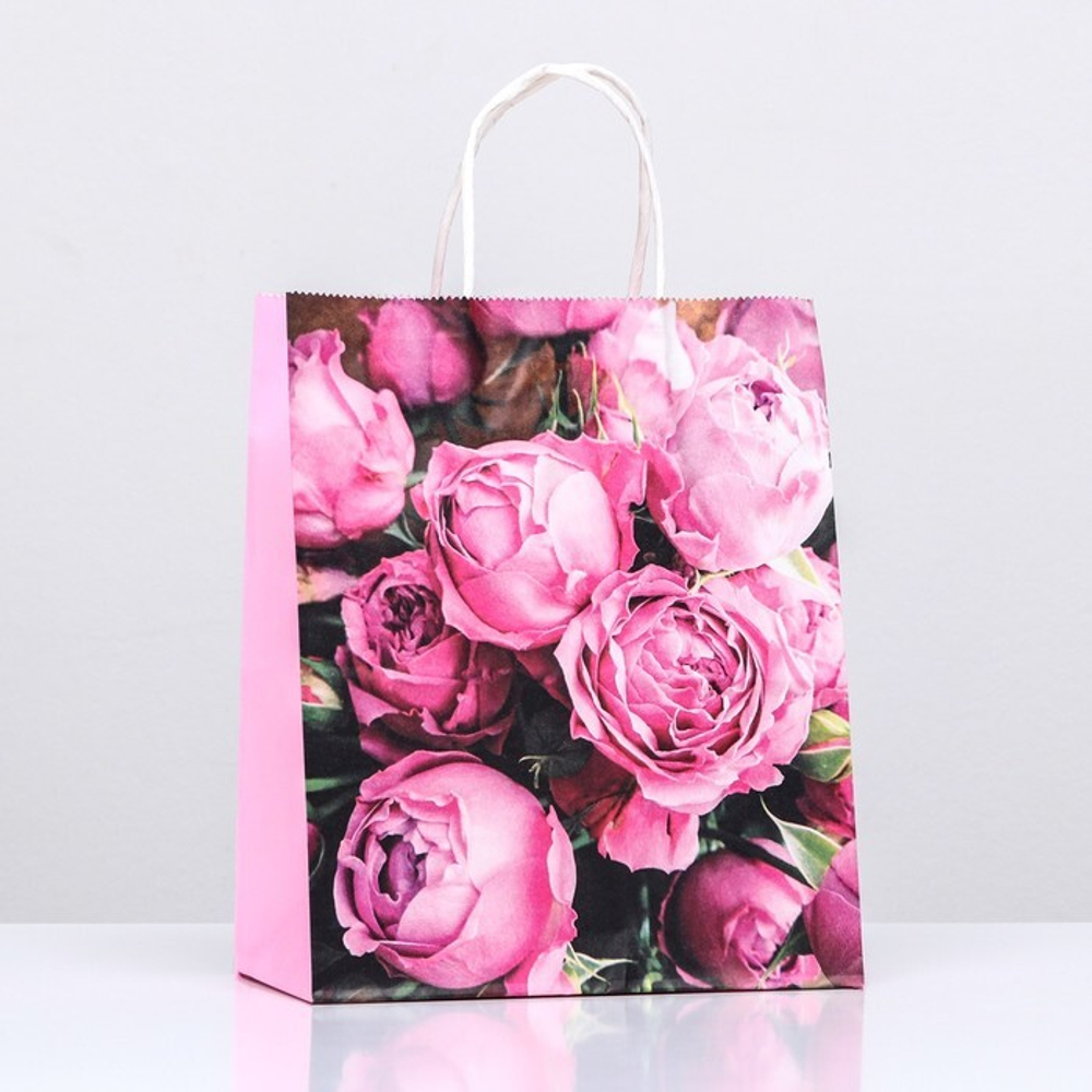 Пакет крафт «Пионы», 22 х 12 х 27 см, 1 шт