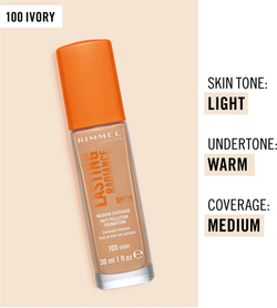 Rimmel Lasting Radiance - Тональная основа с SPF 25, осветляющая оттенок 100 Ivory, 30 ml