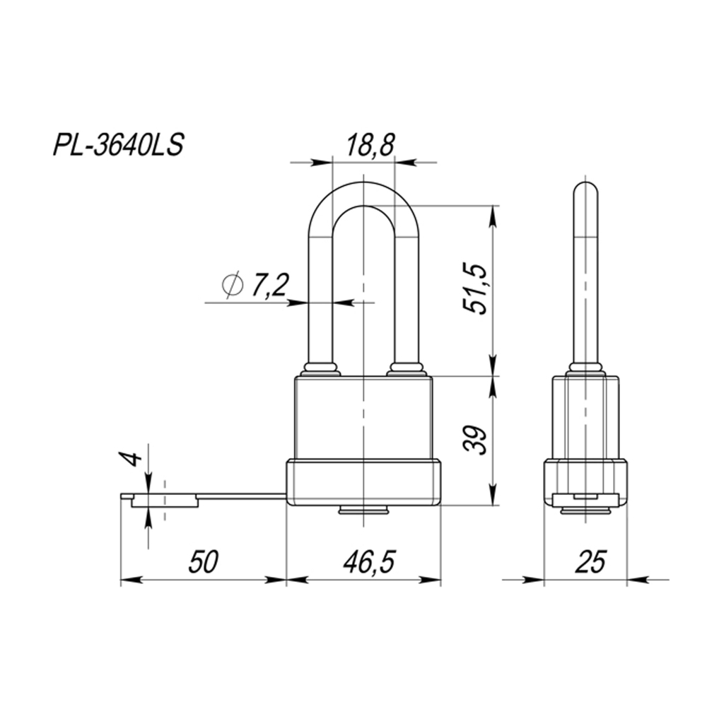 Замок навесной PL-WEATHER-3640 LS 3key (PL-3640 LS) удл. дужка, англ./блистер