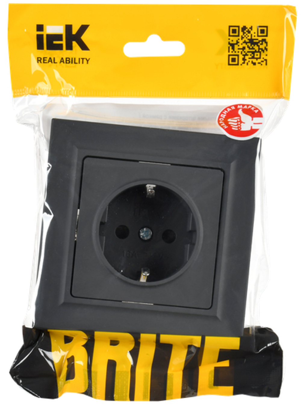 BRITE Розетка 1-местная с заземлением с защитными шторками 16А в сборе РСР14-1-0-БрГ графит IEK