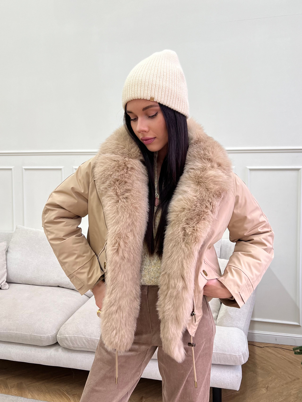Парка Extra Lux с натуральным мехом бежевый