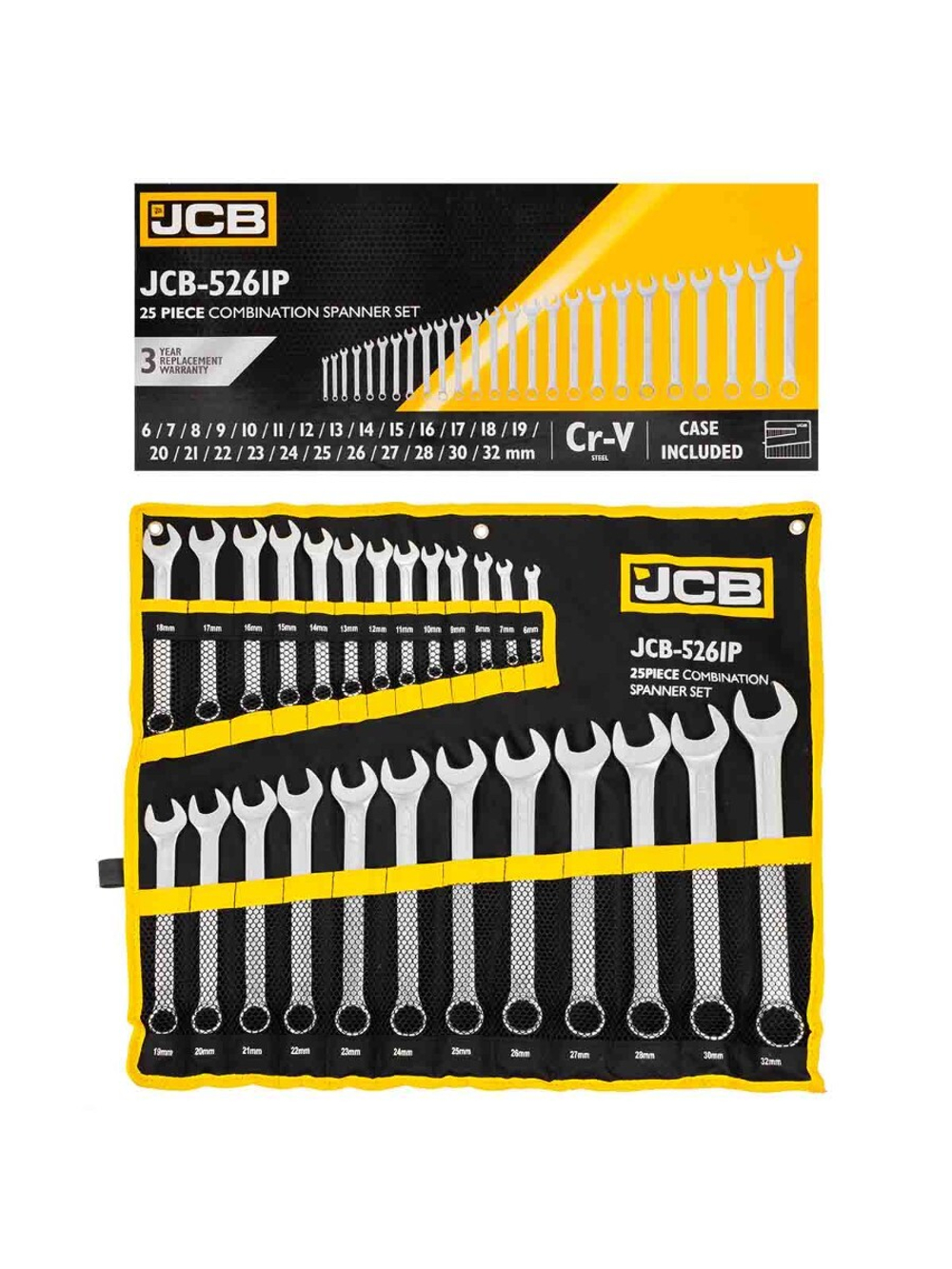 Набор ключей комбинированных 25пр. (6-28, 30, 32мм),на полотне JCB JCB-5261P