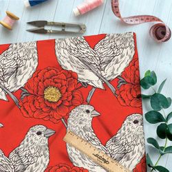 Ткань премиум интерлок белые птицы на красном