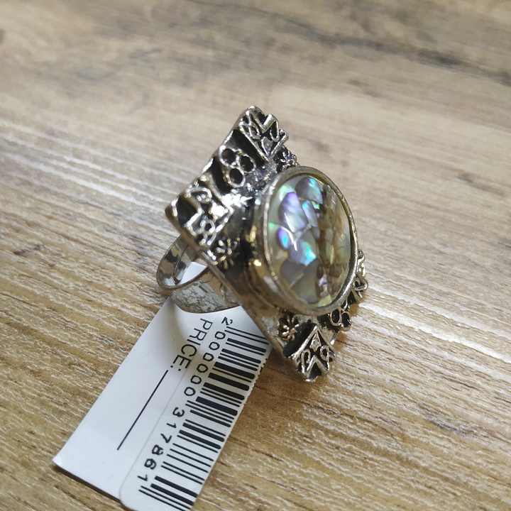 Кольцо разъемное Круг в прямоугольнике, перламутр гелиотис, металл темный, 22x32 мм