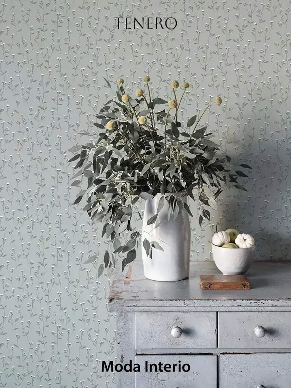 Обои флизелиновые, веточка на зеленом фоне, метровые, для спальни, Tenero (Moda interio, арт.32688-56)