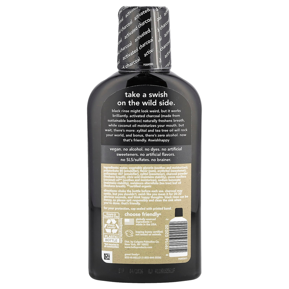 Hello, Активированный уголь, освежающая жидкость для полоскания рта, натуральная свежая мята, 473 мл (16 жидк. Унций)