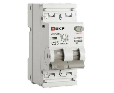 Выключатель автоматический дифференциального тока 2п (1P+N) C 25А 30мА тип A 6кА АВДТ-63N (электрон.) PROxima EKF D63N26EA25C30
