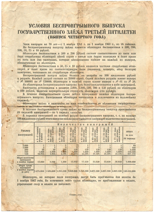 Облигация 100 рублей 1941 год. Государственный заем третьей пятилетки - Серия № 116789