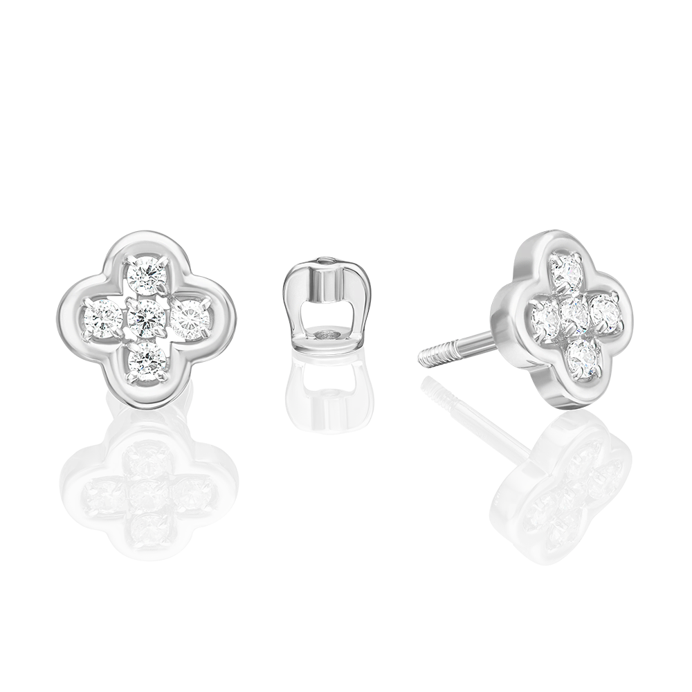 Серьги-пусеты «Клевер» из белого золота с фианитами