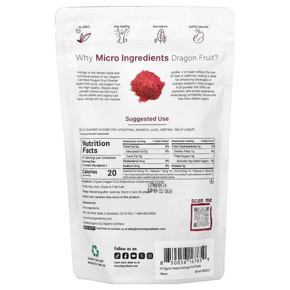 Micro Ingredients, порошок из органической питахайи, сублимированный, 283 г (10 унций)