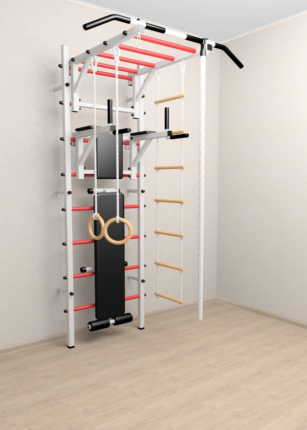 Шведская стенка Sv Sport усиленная 625 (Турник рукоход/Брусья/Скамья/Канат/Kольца/Лестница)