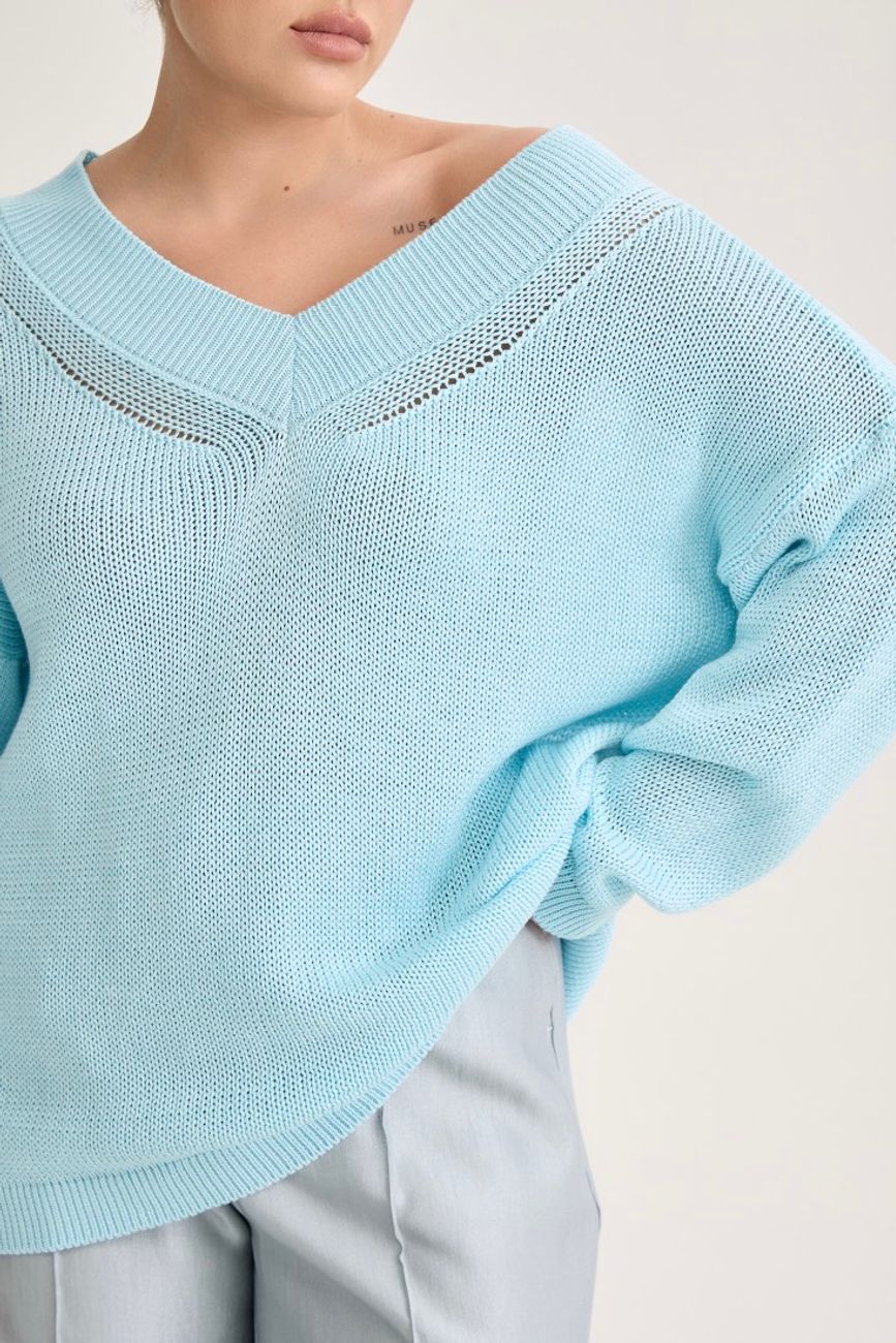 Джемпер вязаный на одно плечо, голубой