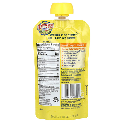 Earth's Best, Органический смузи из йогурта для поддержки костей, для детей от 2 лет, груша, манго и морковь, 113 г (4 унции)