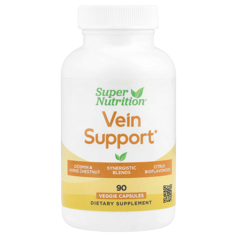 Super Nutrition, добавка для поддержки вен с диосмином, иглицей колючей, конским каштаном, биофлавоноидами и ферментами, 90 растительных капсул