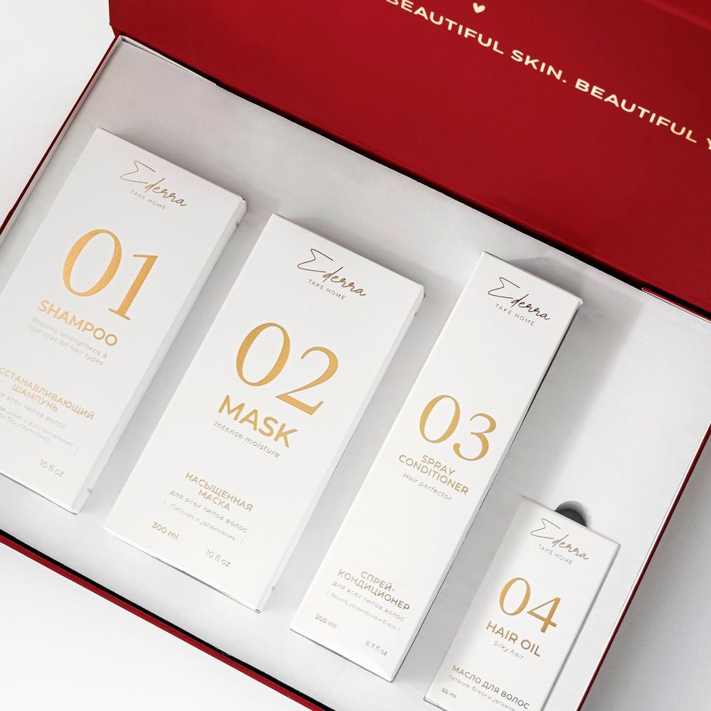 Подарочный набор Ederra RED (Шампунь 300 мл + Маска 300 мл + Спрей-кондиционер 200 мл + Масло 50 мл)