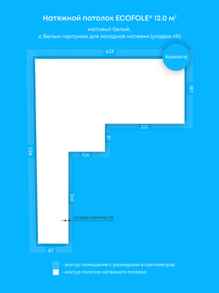 Матовый натяжной потолок 12 м2