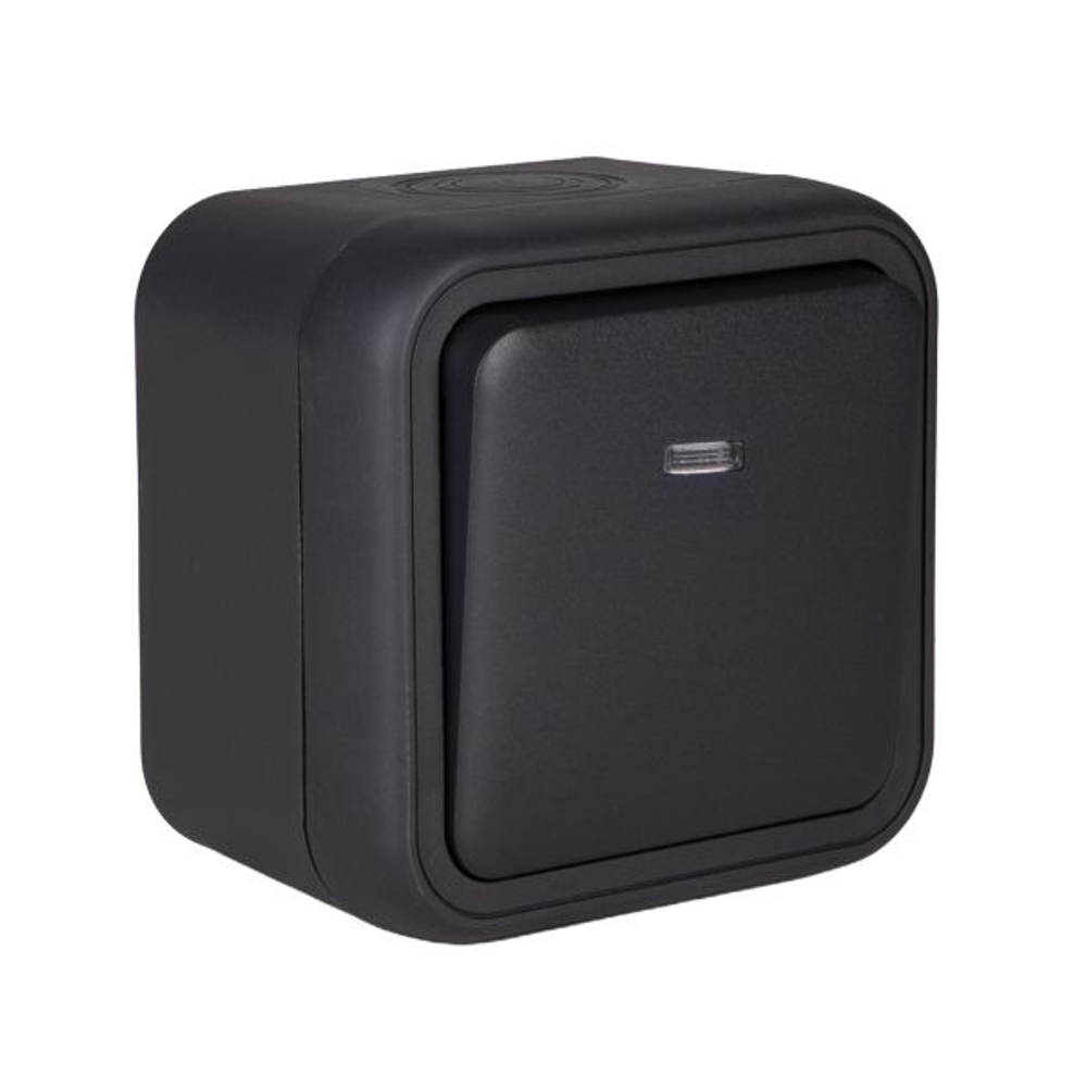 Выключатель, одноклавишный, проходной, с подсветкой, ОП, автоматические клеммы антрацит, Бронто EKF