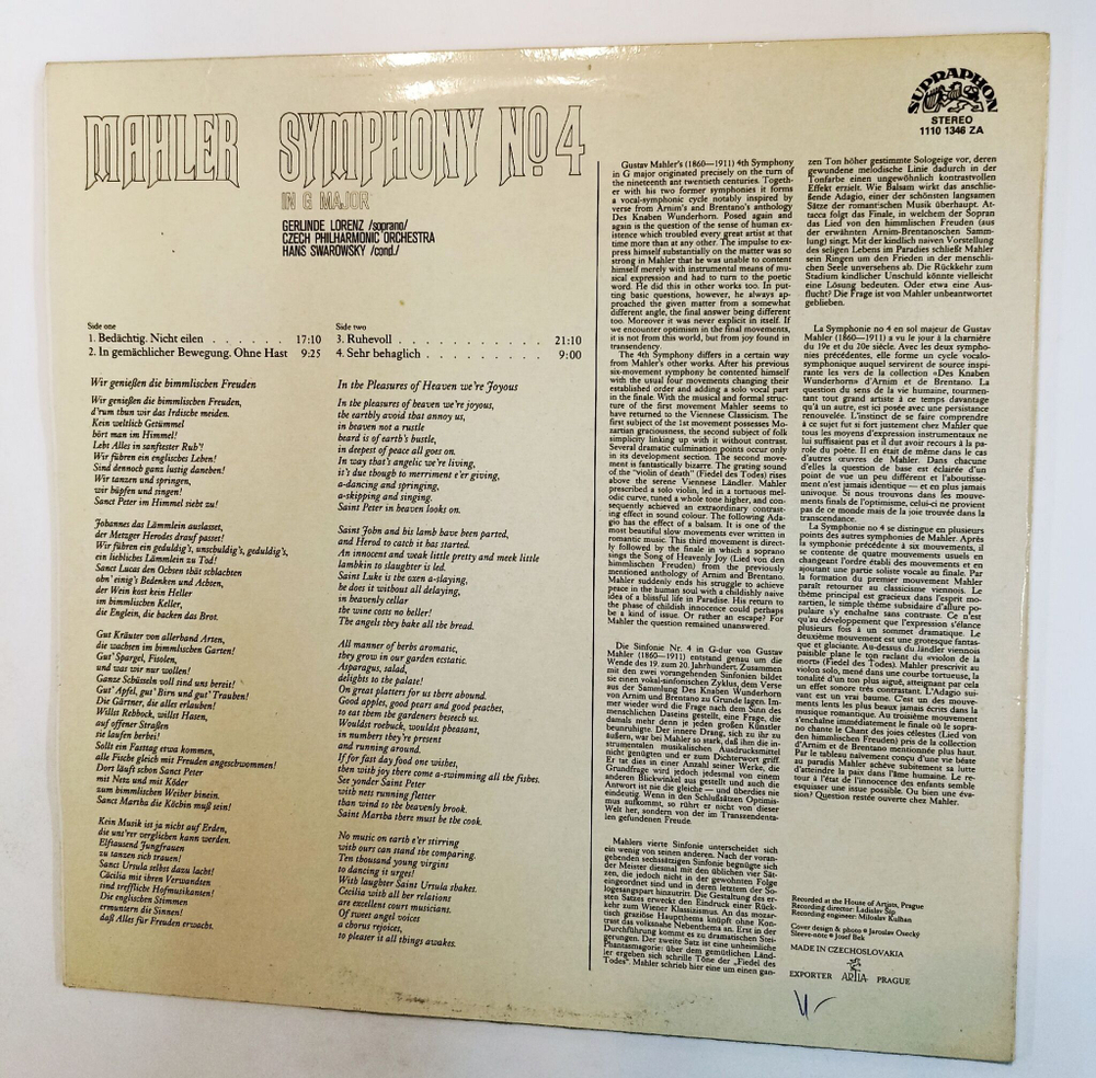 Винтажная виниловая пластинка LP Mahler Малер, Gerlinde Lorenz, Czech Philharmonic Orchestra, Hans Swarowsky Symphony № 4 In G Major (Чехословакия 1989)