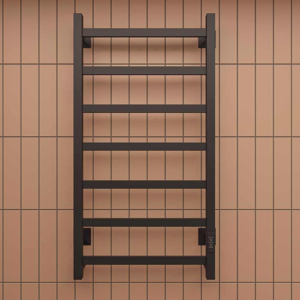 Полотенцесушитель электрический EWRIKA Пенелопа КВ7 80x45 см, подключение справа, слева, скрытое подключение справа, матовый черный, лесенка, из стали