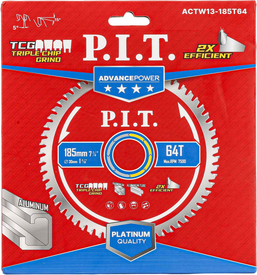 Диск пильный по алюминию PIT 185x30/x2.0 мм, 64T Carbide, зуб TCG 5° (ACTW13-185T64)