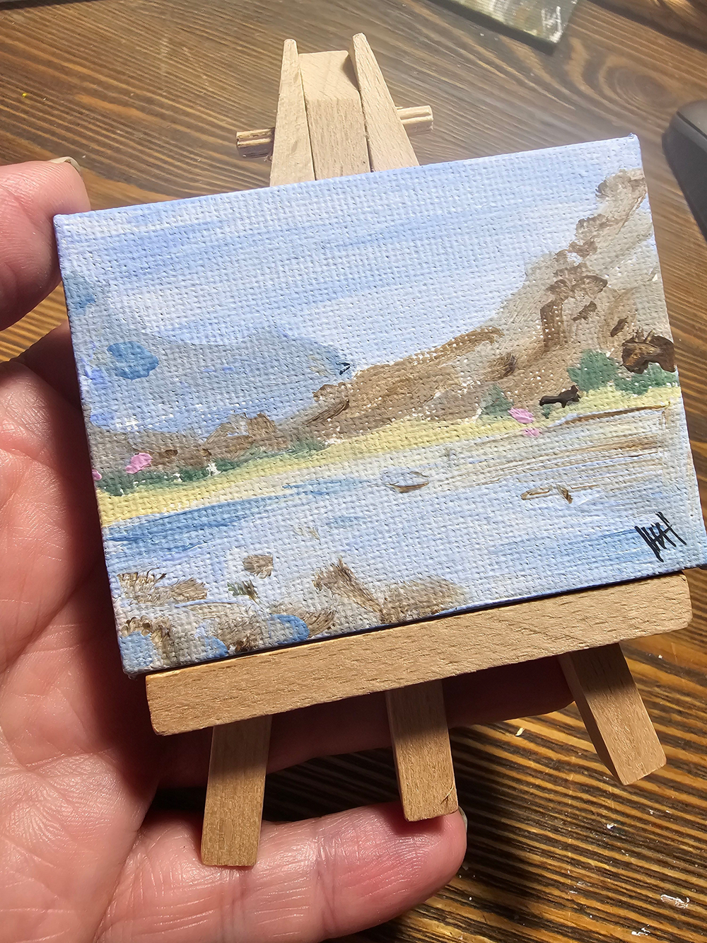 Миниатюра акрилом на холсте 6х8см "Горная река" с мольбертом, авторская ручная работа