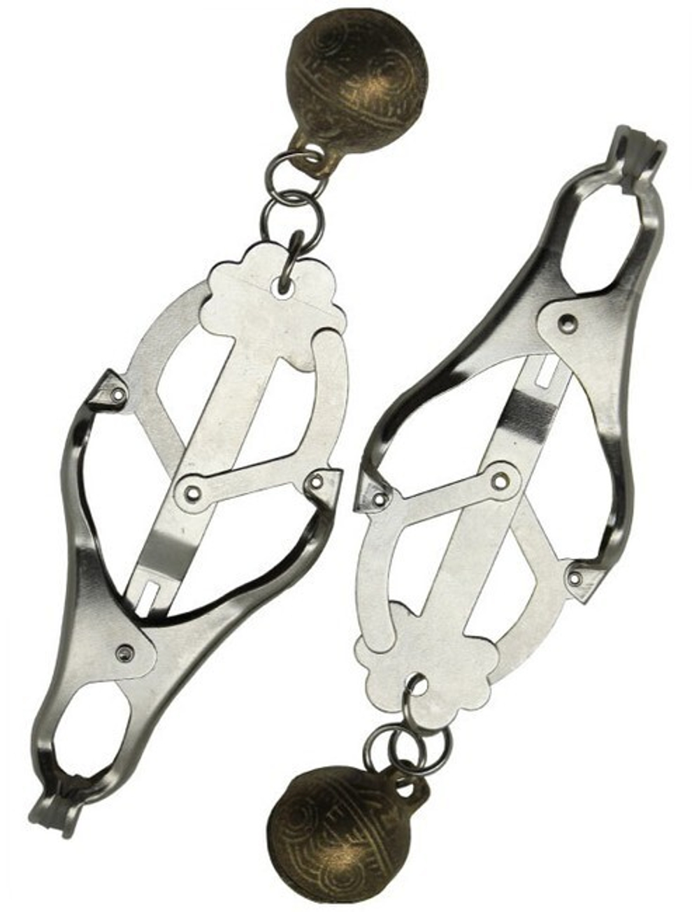 Мощные зажимы на соски со звенящим бубенчиком (Цвет: серебряный с бронзовым)