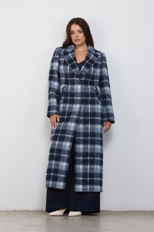 Пальто однобортное в клетку, синий