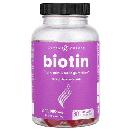 NutraChamps, жевательные таблетки с биотином, со вкусом натуральной клубники, 10 000 мкг, 60 веганских жевательных таблеток (5000 мкг в одной жевательной таблетке)