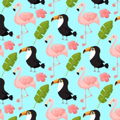 Тропический узор с туканом, фламинго и экзотическими листьями.